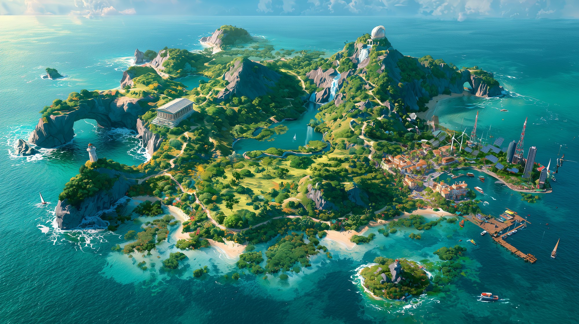Mapa ilustrado de la isla de Amperio (de día)